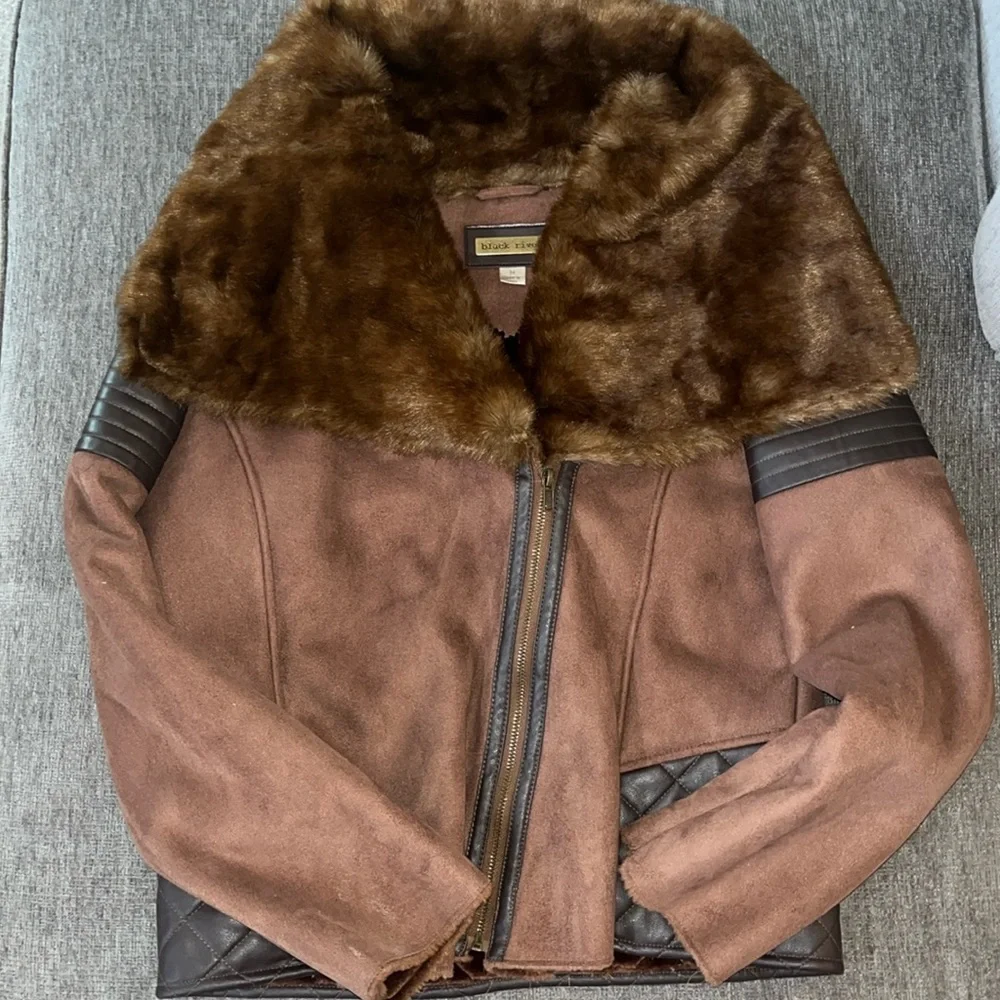 Womens Medium brown fur, suede & leather coat. Worn twice. - Picture 1 of 5